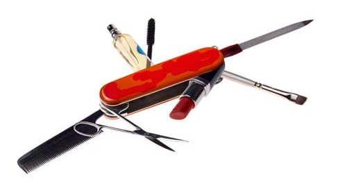 Red Swiss Army knife containing lipstick, scissors, nail file, comb, and perfume.