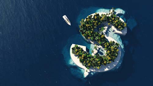 Top view of an island shaped like a dollar sign