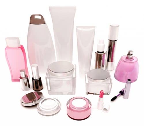 All varieties of pink beauty and cosmetics bottles and packaging