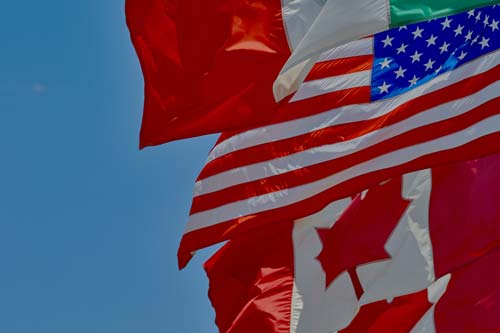 Row of Flags Representing Mexico, United States and Canada