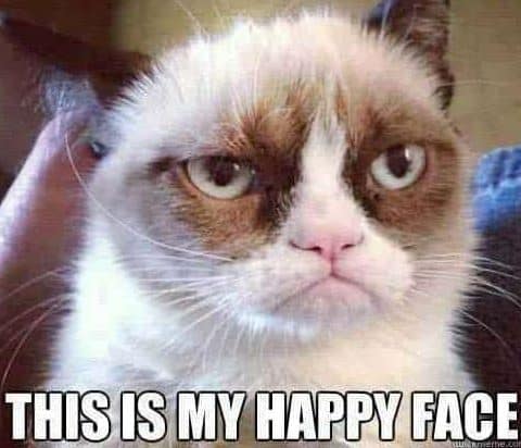 Grumpy Cat meme with "This is my happy face" text at bottom