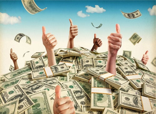 A bunch of thumbs up coming out of a pile of money