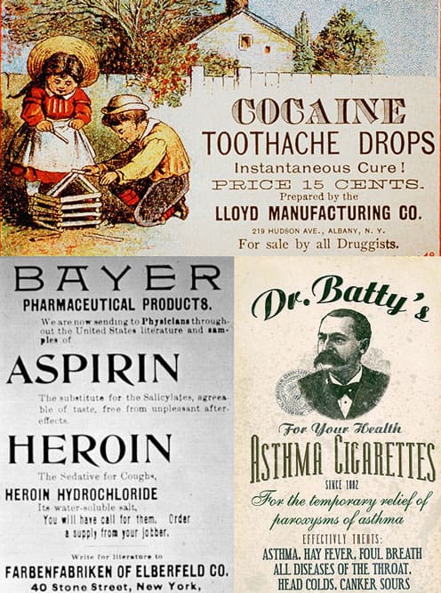 old cocaine, heroin, and cigarettes ads