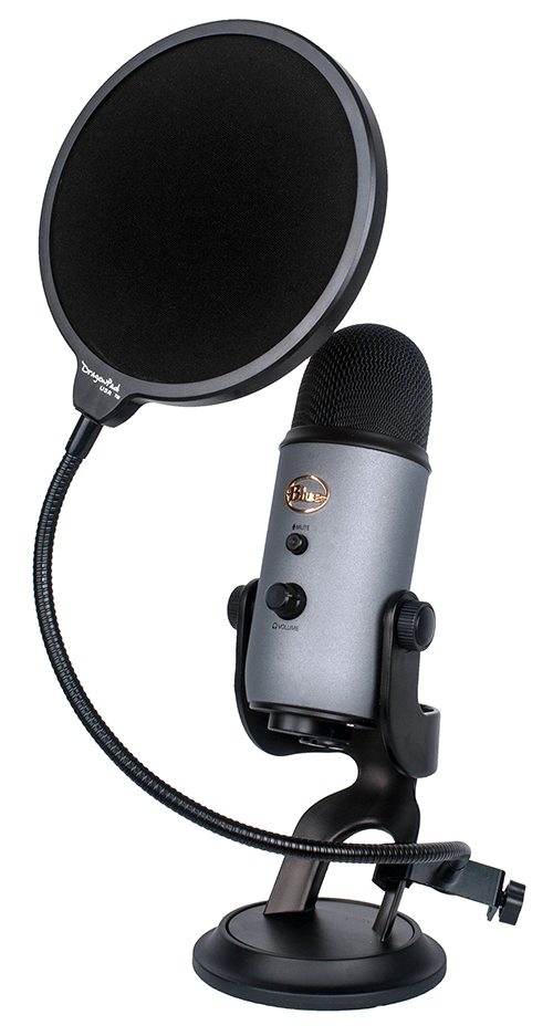 pop filter in front of blue yeti