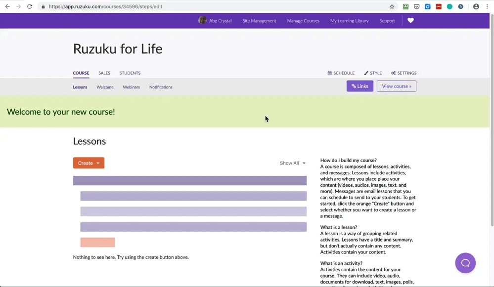 Ruzuku dashboard